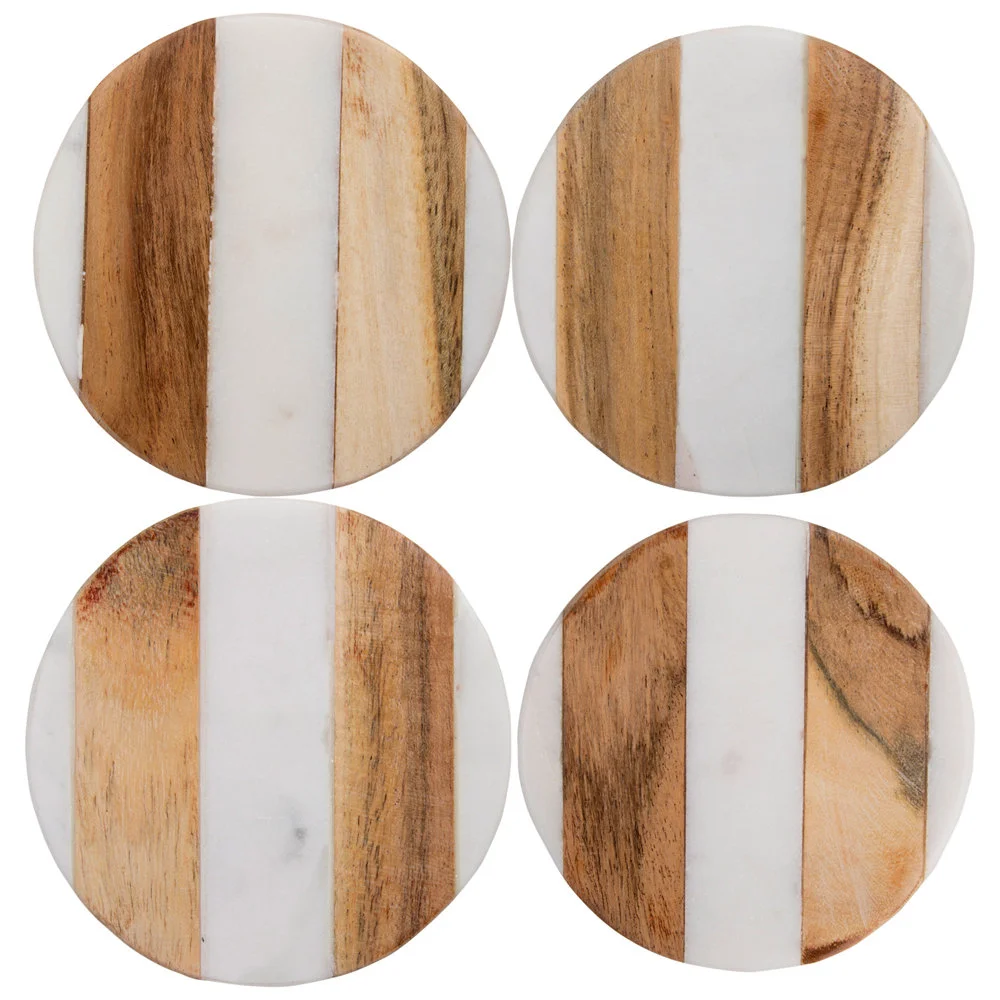 Modern Style Handcrafted White Marble & Mango Wood Coasters Geometric Design Blooming Bud Overseas for Your Drinks