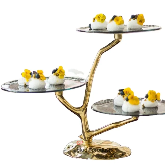 most beautiful 3 layer metal and glass cake stand golden finished decorative cup cake stand for decoration weddings