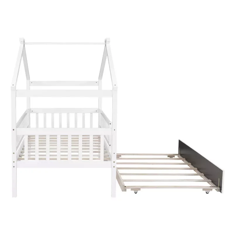 Twin Size Wooden Bed Frame with Trundle for Kids & Teens No Box Spring Needed Easy Assembly for Home & School/Hotel