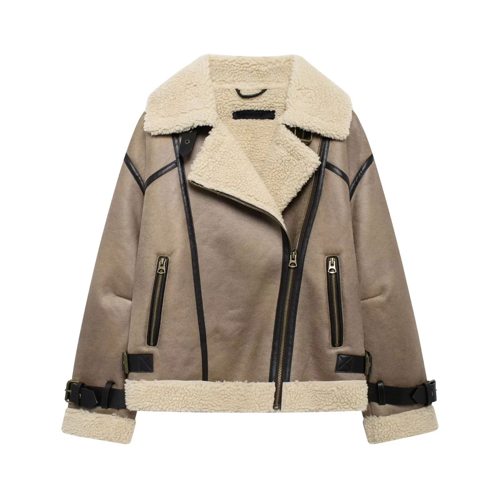 High Quality Custom made Cropped Leather Jacket Coat Thick Warm Winter Woolen Fabric Long Sleeve Zipper Pockets For Women