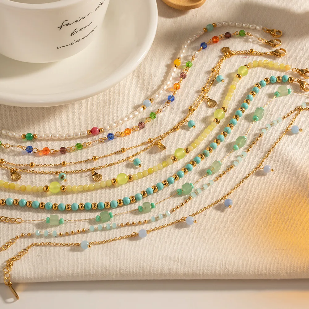 Boho 18K Gold Plated Stainless Steel Waterproof Jewelry Beach Pearl Colorful Stone Beads Chain Anklets Bracelet for Women