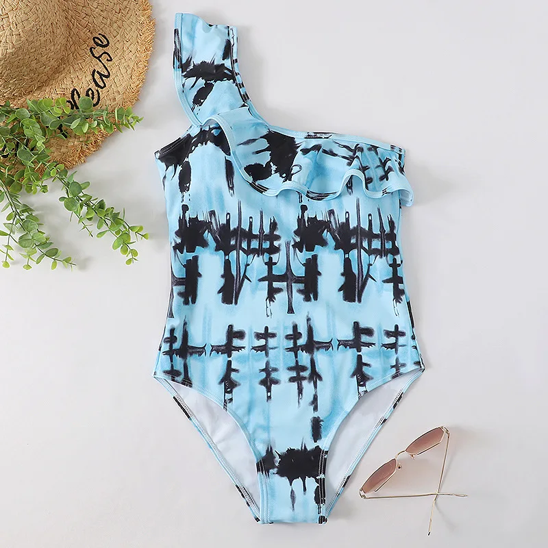 2024  3Colors Ruffle Details One Shoulder Print Swimsuit Sexi Women Plus Size One Piece Swimwear