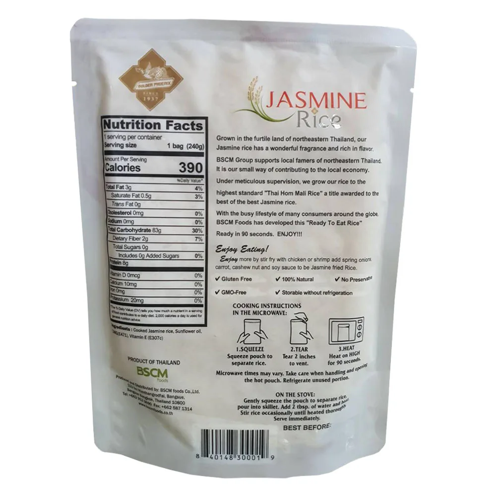 Jasmine Rice in Pouch Ready-to-Eat High Quality Best Price Supplier from Thailand 240g. Microwave Shelf Life 18 Month
