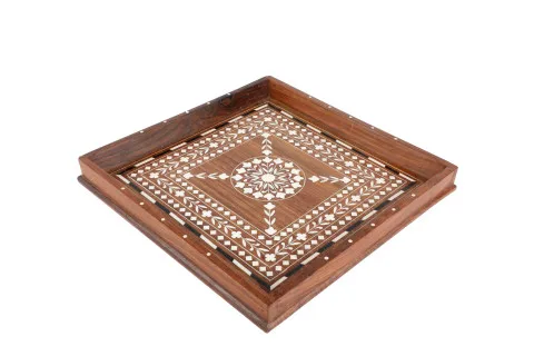 Best Quality Wooden Square Serving Tray with Inlay Work Mop Resin Tray with Bone inlay for Kitchen Home Hotel-Inspired by India