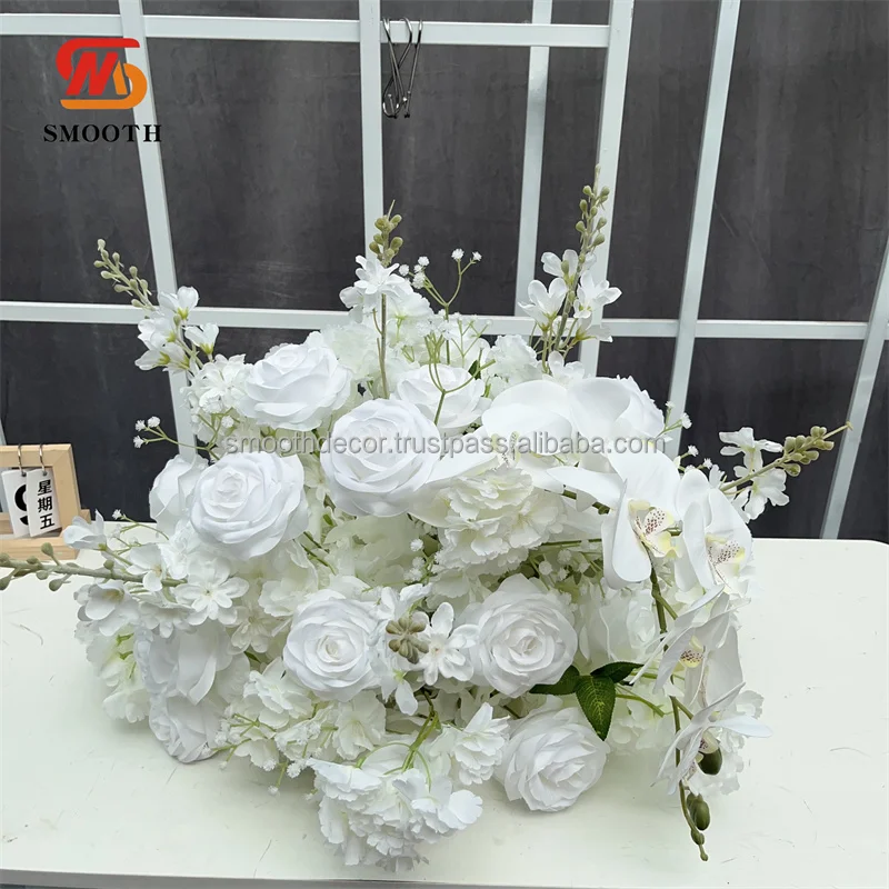 SMOOTH Wholesale Price 40cm Table Centerpiece Artificial Silk Rose White Flowers Ball for Wedding Decoration