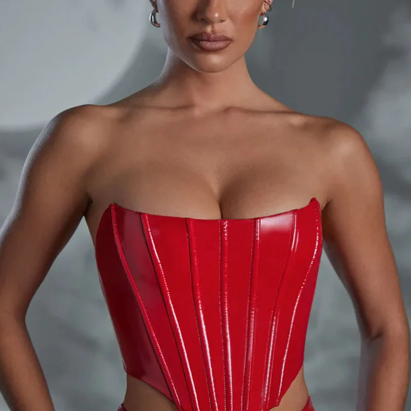 Oem Fashion New Product Latest Design Push Up Vinyl Corset In Red Strapless Sexy Women Blouses Custom Crop Top With Logo