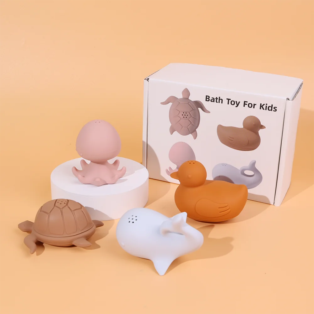 4 piece Animal Duck Octopus Turtle Whale Dishwasher Safe Water Toys Bathtub Toys Silicone Baby Bath Toy Set for Toddlers Infants