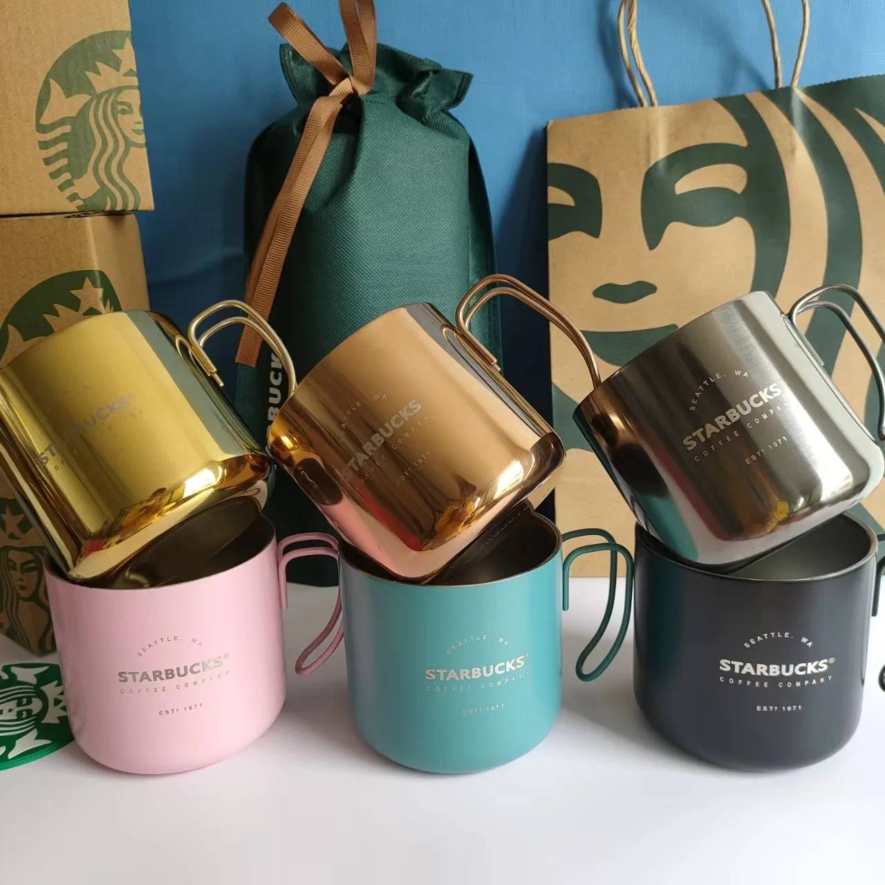 Starbuck high-value electroplated mug 304 stainless steel coffee cup anti-fall with handle student couple cup