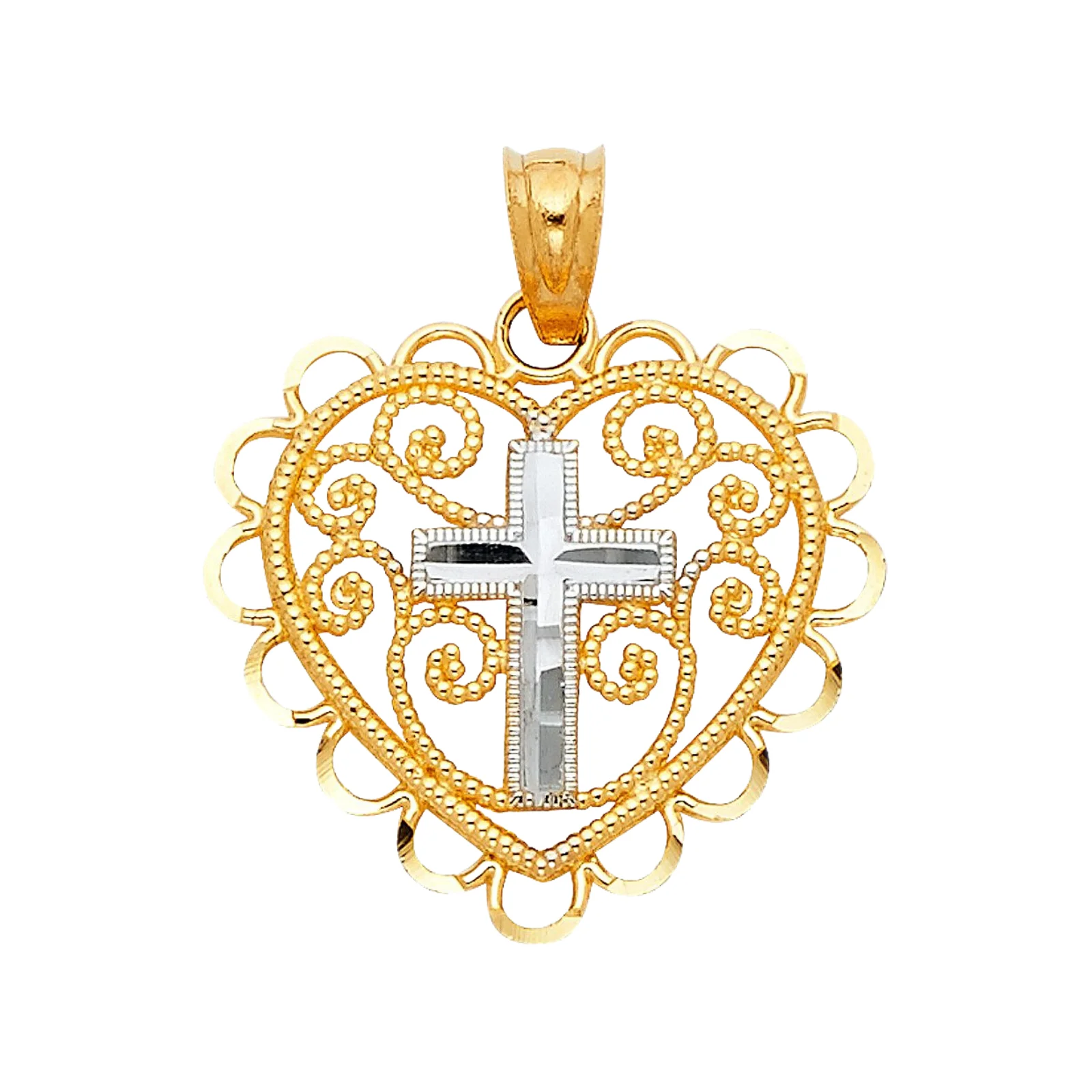 Elegant 14K Two Tone Gold Plated Cross and Filigree Heart Pendant Symbol of Love and Faith High Quality Craftsmanship