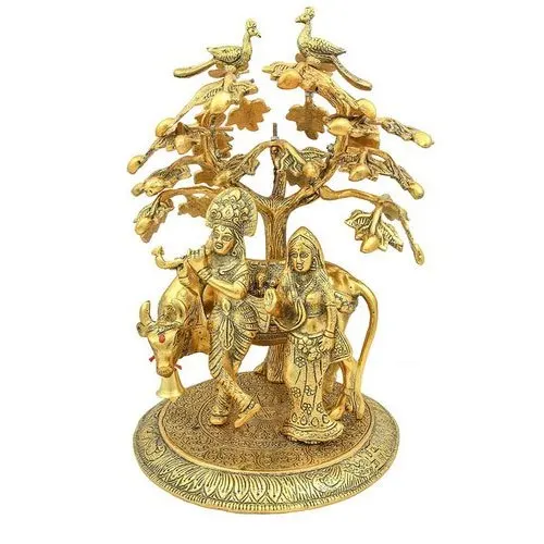Handmade Golden Brass Radha Krishna Sitting Under Tree With Peacock in Unique Design from India