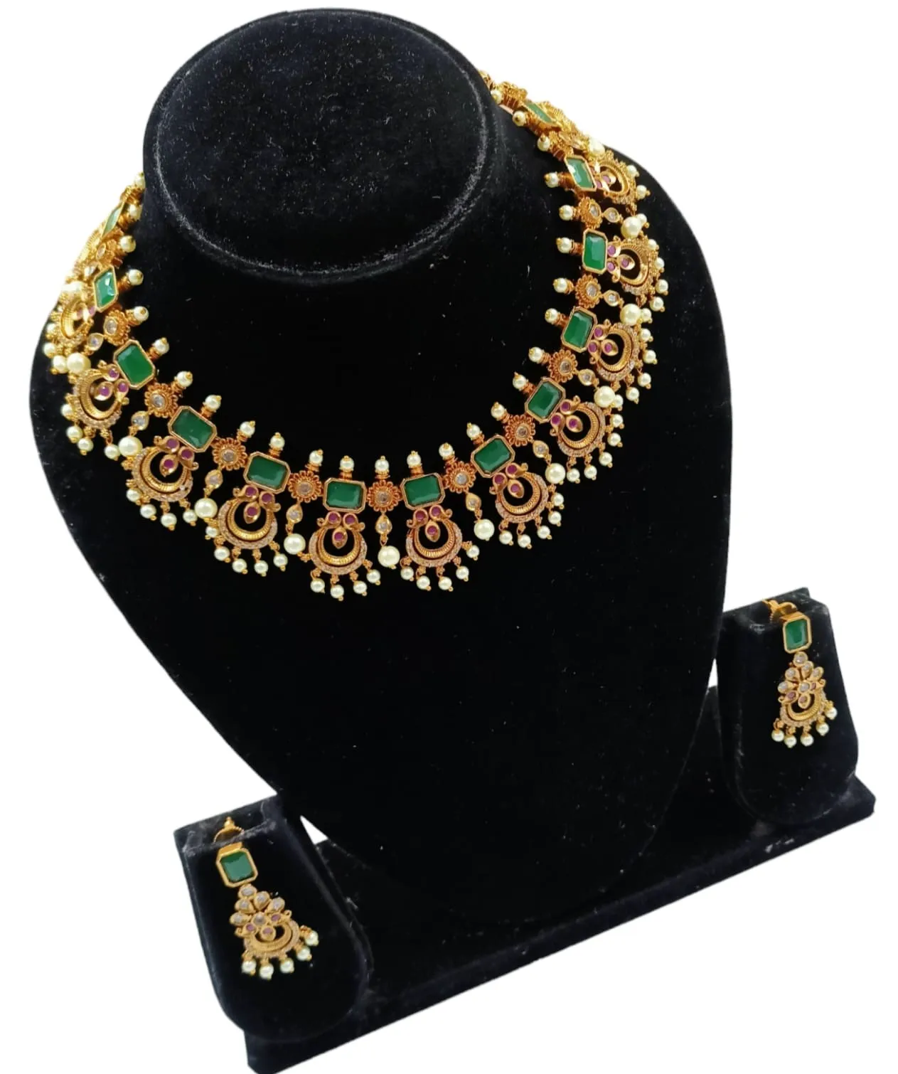 SOUTH INDIAN  KUNDAN TEMPLE JEWELLERY TRADITIONAL ANTIQUE BRIDAL WEDDING JEWELLERY HEAVY GOLD PLATED JEWELLERY WOMEN SET