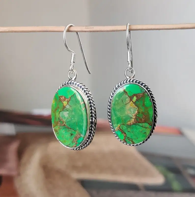 Green Copper Turquoise Oval Gemstone Earrings 925 Sterling Silver Christmas Gift for Her