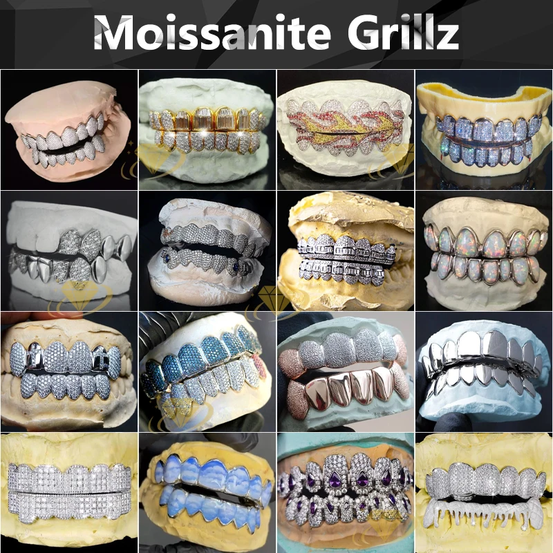 Hip Hop Grillz 10 Top 10 Bottom 925 Solid Silver Iced Out Grills Teeth Custom Punch Cut Men Gold Diamond Dust Cut Grillz