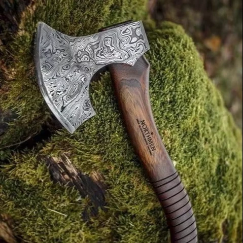 Handmade Damascus Steel Axe with Rosewood Handle Includes Leather Sheath