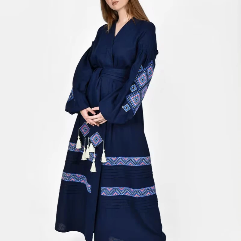 Vintage Women Long Mid Calf Summer Denim M XXXL Short Sleeve Embroidery Dress Chinese Style Dresses Dresses