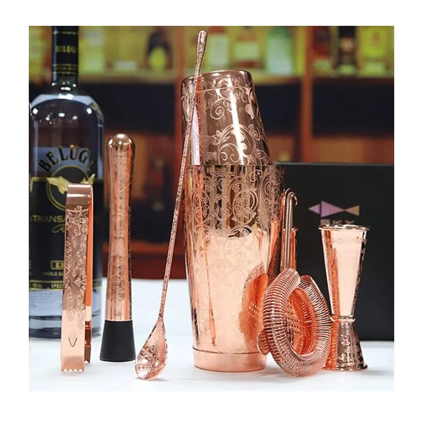 11 Piece Gold Stainless Steel Cocktail Shaker Set With Wooden Stand Professional Bartender Kit Custom Cheap Price Manufacturer