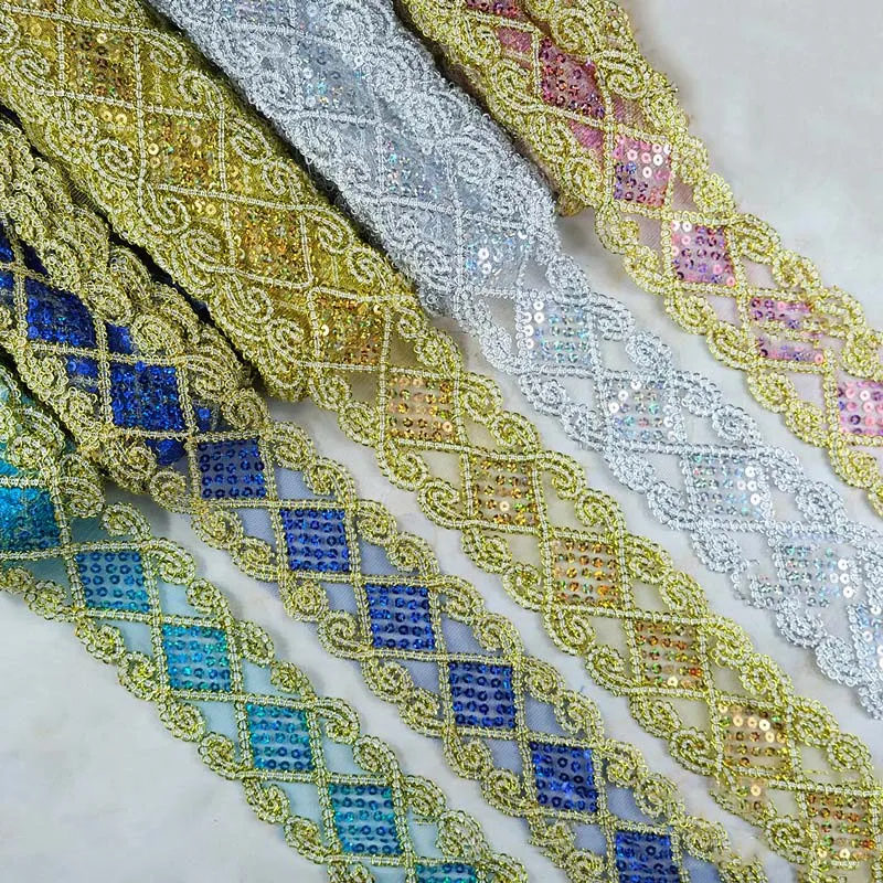 65mm Diy Sewing Material Costume Beaded Sequin Mesh Lace Fabric Diamond-shape Stage Dress Glitter Sequined Edge Lace Trims Gold