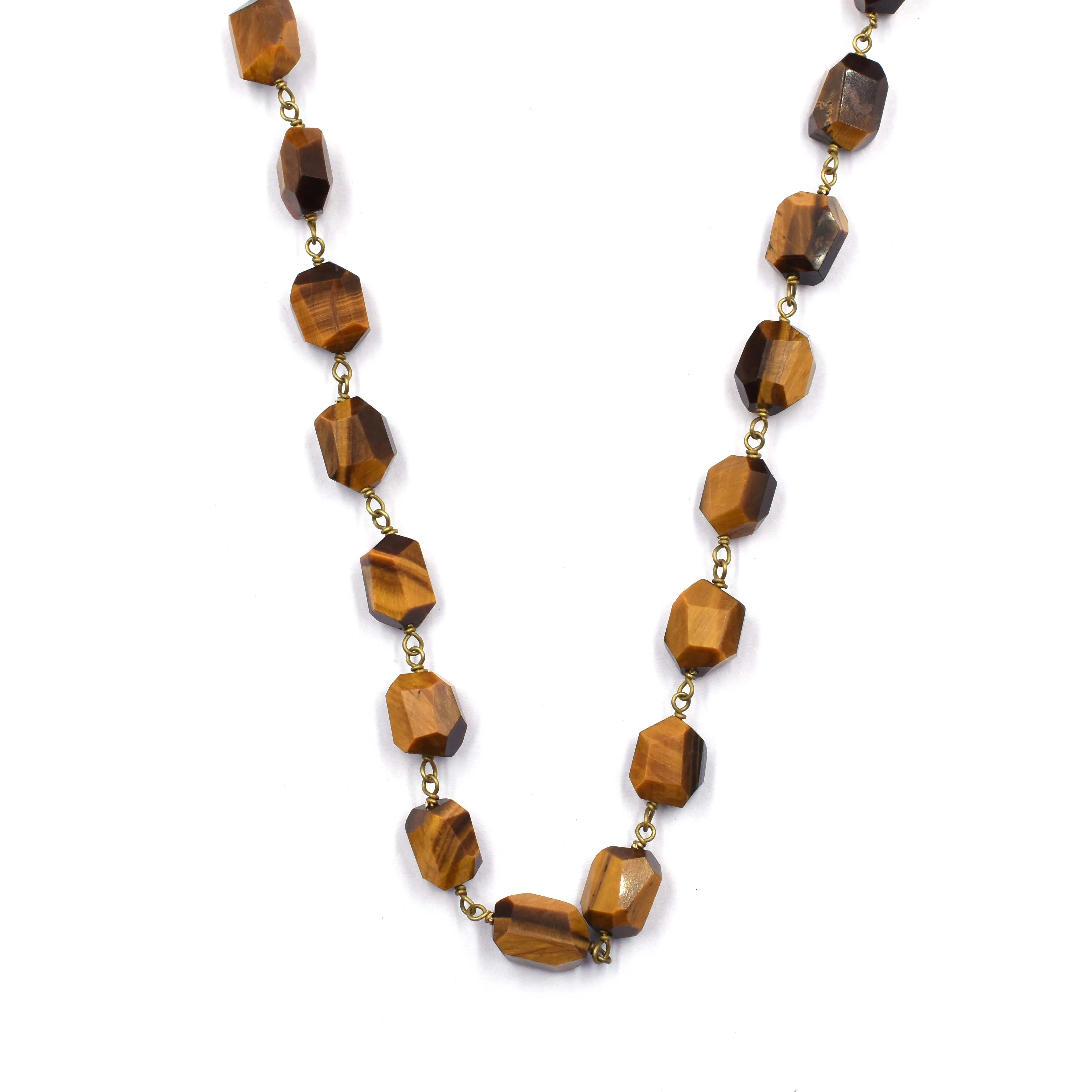 Tiger Eye Nuggets Shape Brass Gold Plated Rosary Wire Wrapped Chain Sold by Foot