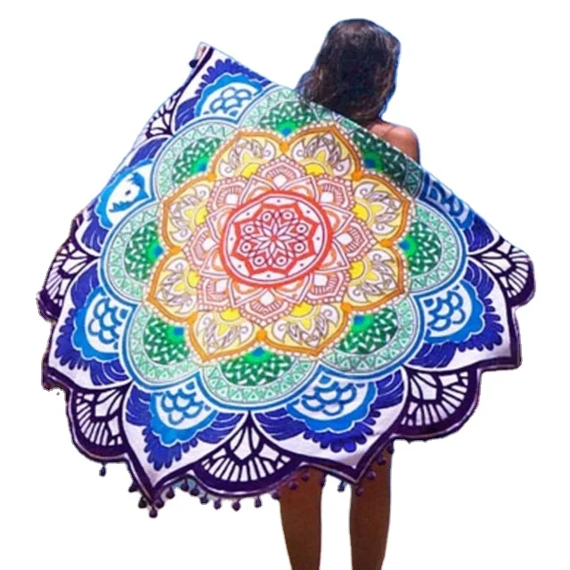 100% Cotton Multicolored Beach Round Mandala Tapestry Wall Hanging Ethnic Beach Blanket Colorful Pom-Pom Eco-friendly Azo Free