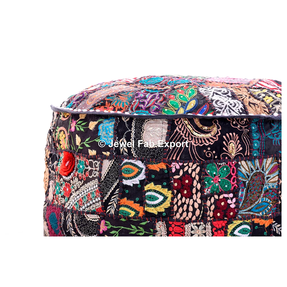 Home Decor Cotton Floral Patchwork Embroidered Ottoman Pouf Cover Blue Foot Stool Furniture Pouffes handmade premium