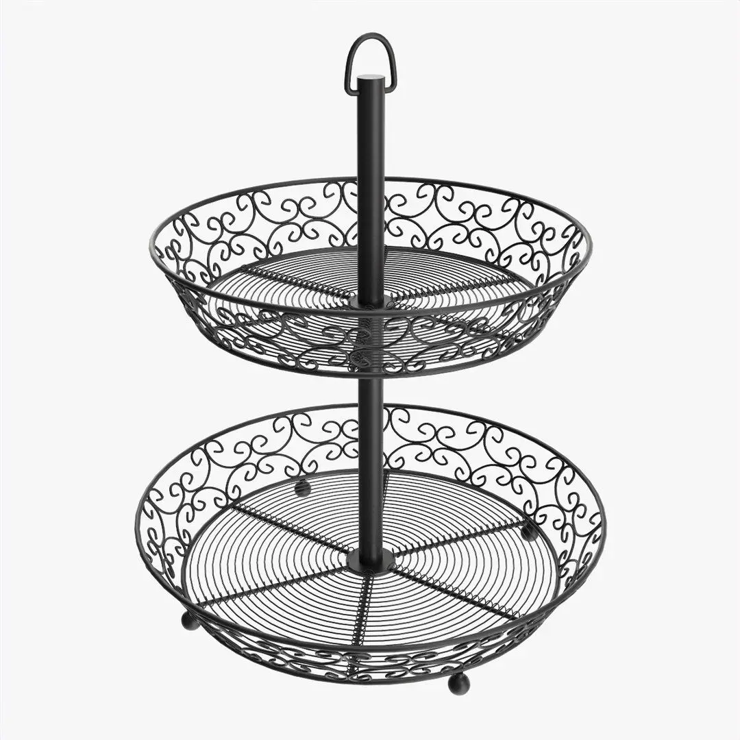 Cheap wholesale wrought iron 2 tier fruit Black basket for Kitchen Vegetable Multi Storage Hanger Stand