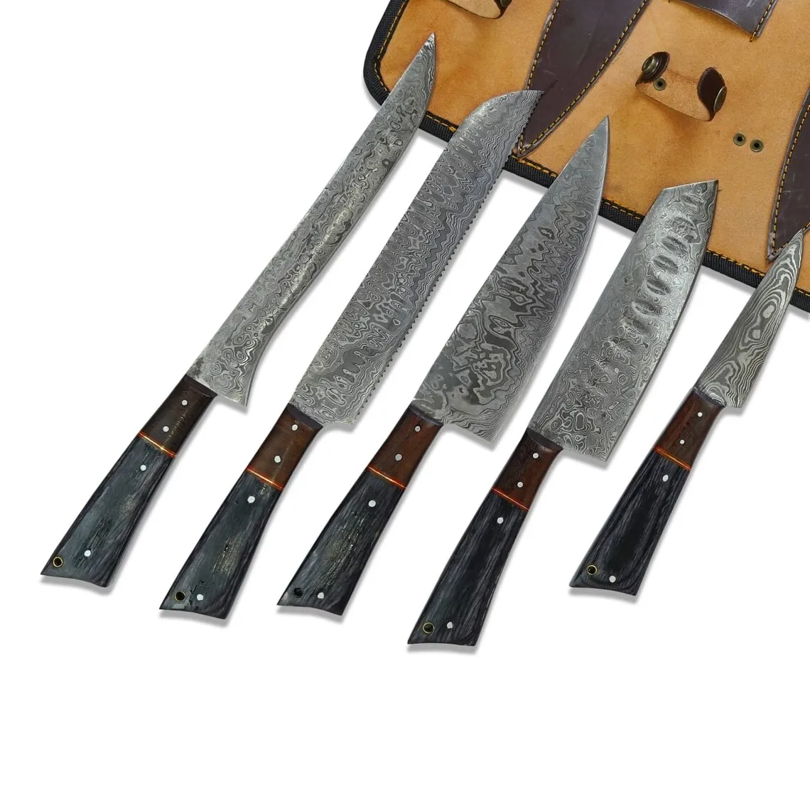 Professional Kitchen Knives Custom Made Damascus Steel of Utility Cooking Chef Kitchen Knife Set with Chef Knife Roll Bag