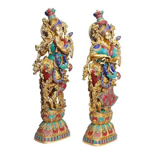 Big Brass Radha Krishna Idol Murli Krishan Radha Bhagwan Statue Murti Gift for Home Mandir Decor Religious Marriage Gift 29 Inch