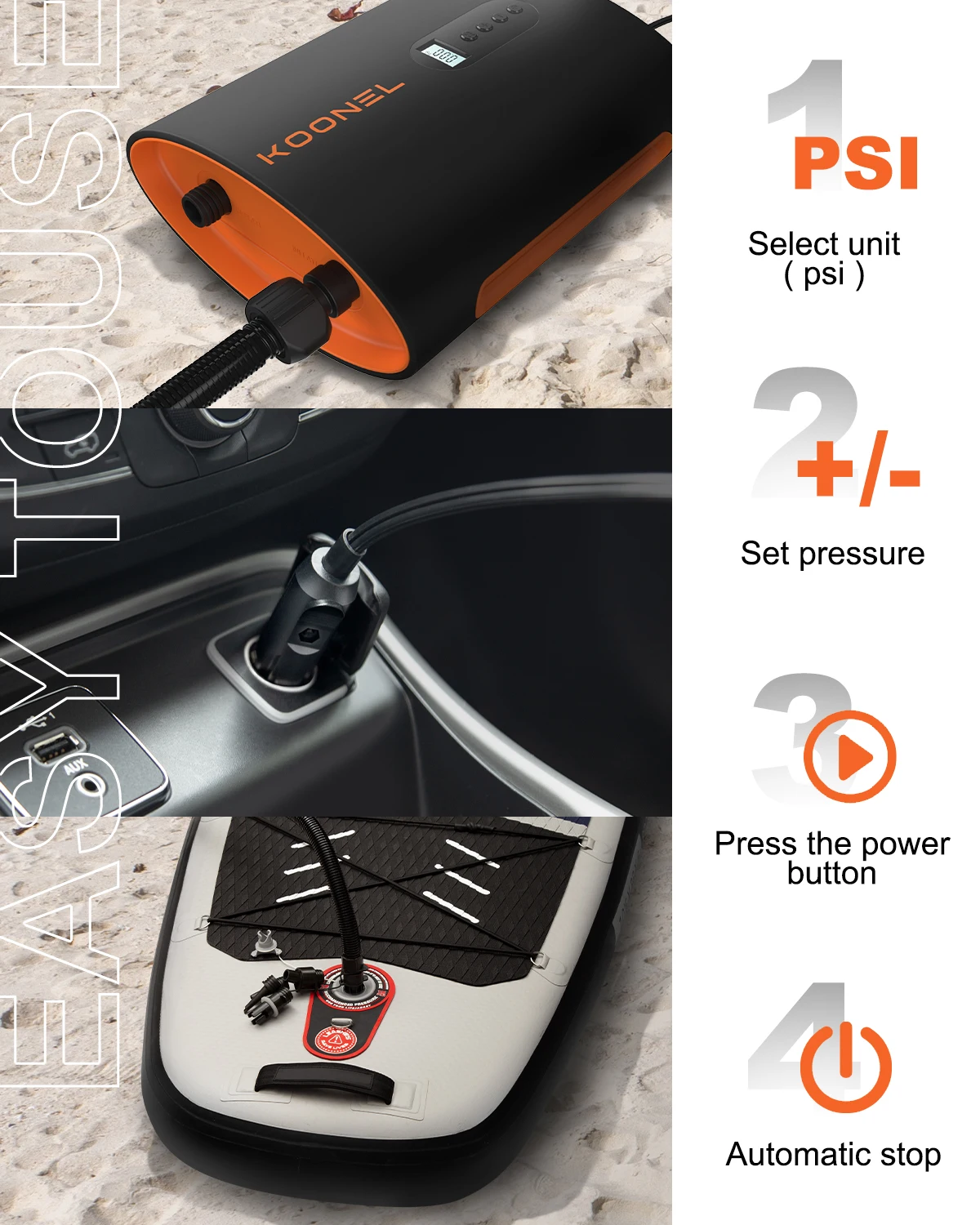 KOONEL Portable Electric sup air Pump Inflator 12V 20psi Stand-up Paddle Board Surfing for Inflatable