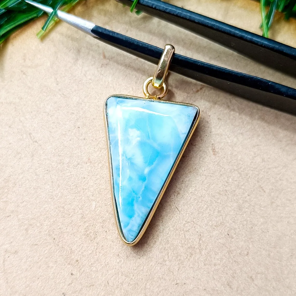 High Quality Blue Larimar Pendant Gold Plated 925 Sterling Silver Dominican Natural Gemstone Jewelry Healing Stone