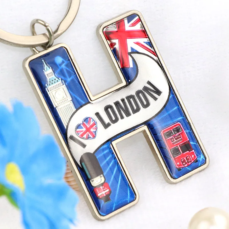 Custom Epoxy Keychain London Souvenir English Metal Alphabet Letter Initial Keychain Key Rings