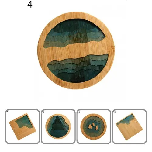 Newest Natural Eco friendly Custom Insulation Tea Coffee Cup Pad Round Ocean Wave Drink Mat Epoxy Resin and Bamboo Coasters