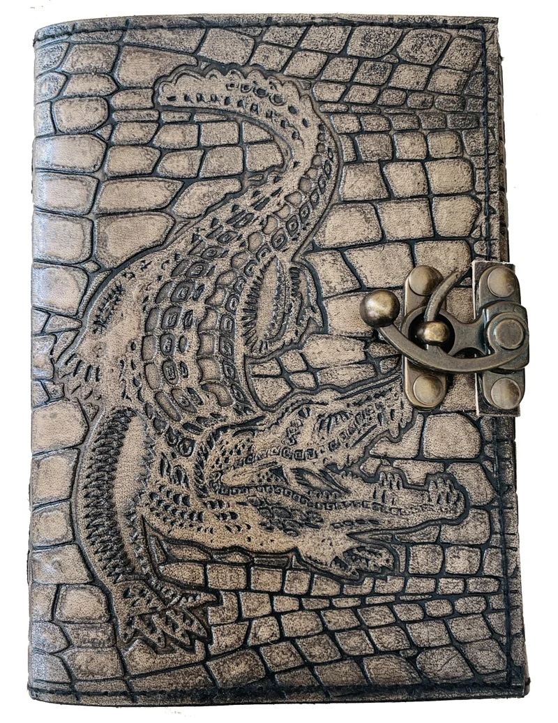 Alligator Crocodile Embossed Leather Journal Vintage Handmade Custom Notebook Deckle Edge Paper Diary With Antique Brass C Lock