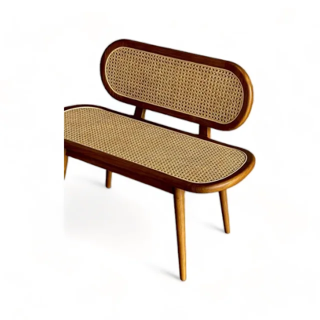 Nordic Living Room Cane Backrest Bench from Natural Teak Wood Frame Vintage Rattan Dining Bench for Home Hotel Apartment Villa
