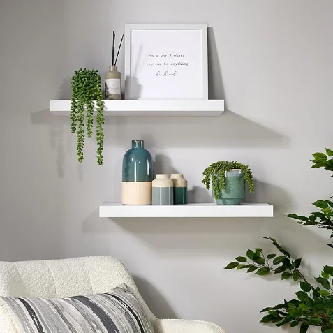 Home Source Living Room Furniture Cloud Pair of 80cm Gloss Floating White Hollowboard with paper finish Wall Shelves