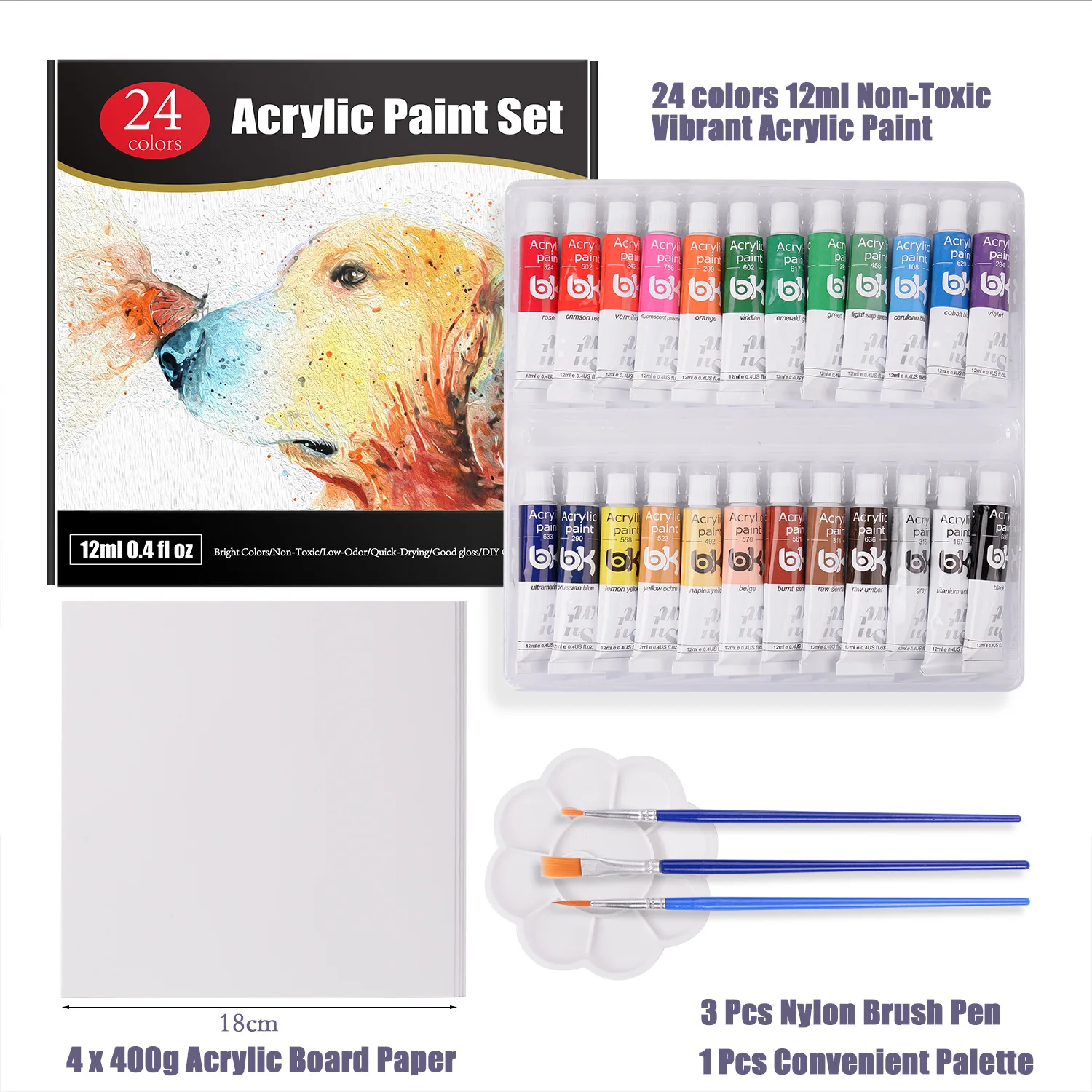Colorful 12ml Acrylic Painting Kit Paint Supplies Set with 24 Colors,3 Brushes,Art Acrylic Paint Set for Artists Beginners