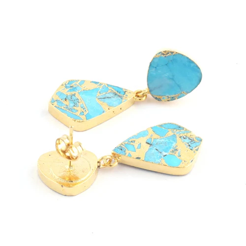 2023 New Trendy Mohave Sky Blue Copper Turquoise Double Stone Stud Dangle Earrings 24k Gold Plated Push Back Teardrop Earrings