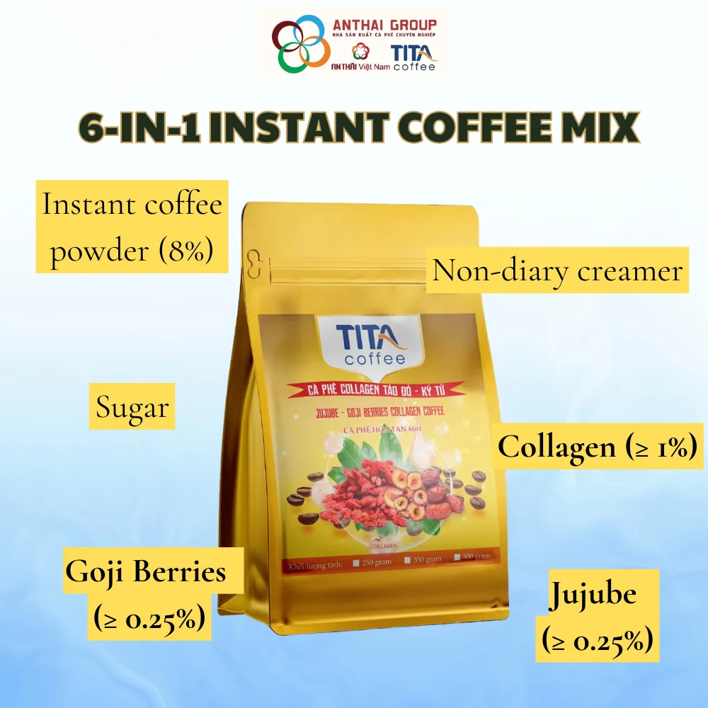 OEM Wholesale 6in1 Collagen Jujube and Goji Berries Instant Coffee Premix - Sweet, Creamy, Fruity Fragrant Mellow Taste Robusta
