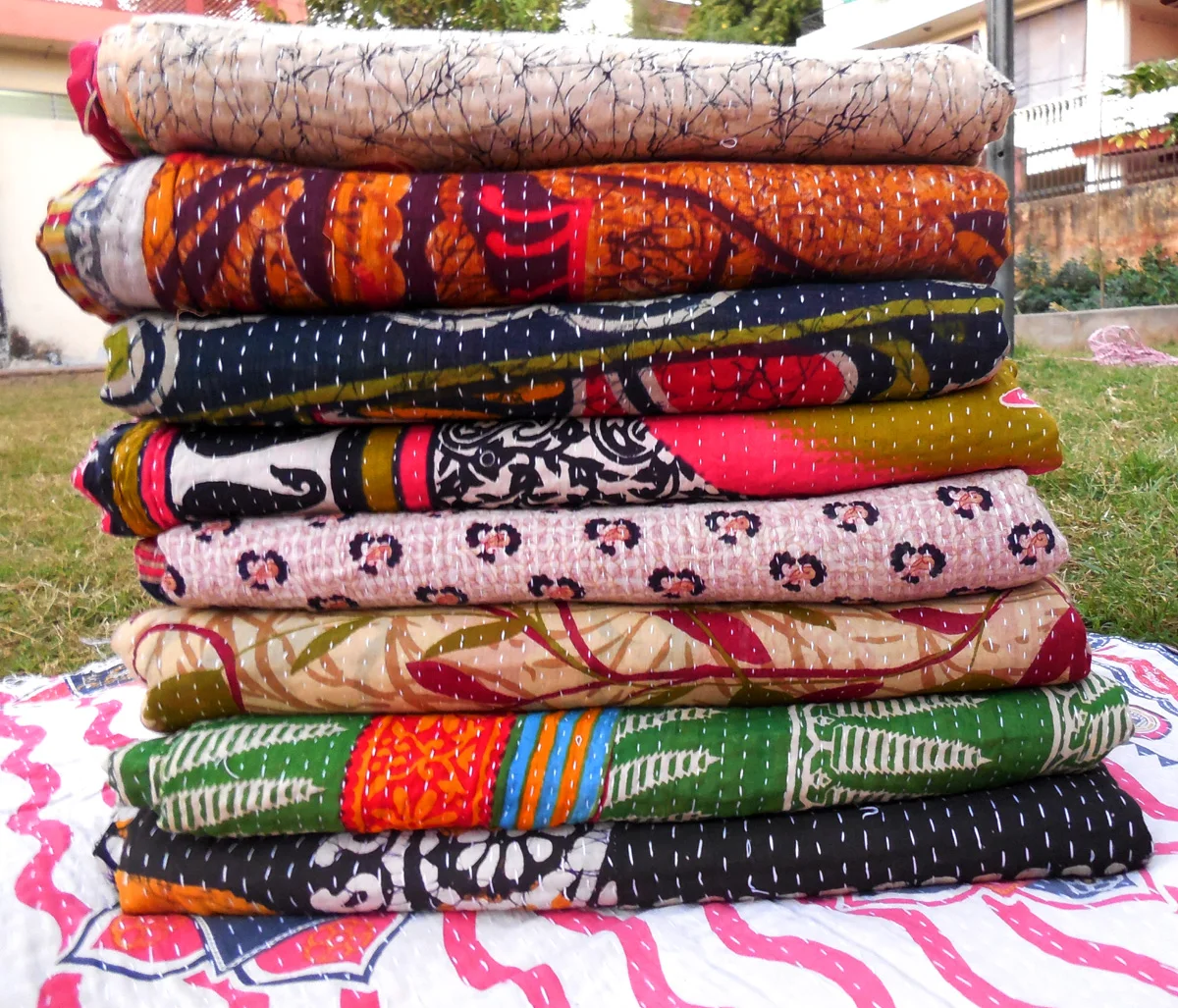 Cotton Kantha Quilt Printed Indian Handmade Vintage Kantha Quilt Hand Stitching Indian Reversible Kantha Quilts