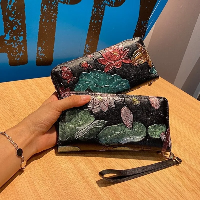 Clutches For Women 3d Flower Clutch Money Bag Coin Pocket Lotus Pattern Wristlet Cards Holder Clip Women Leather Wallet