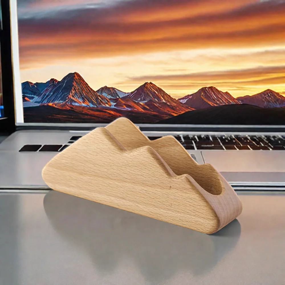 Custom Beech Wood Business Card Display Laser Cut Mountain Design Stand with Holder Case Organizer for Office Desk