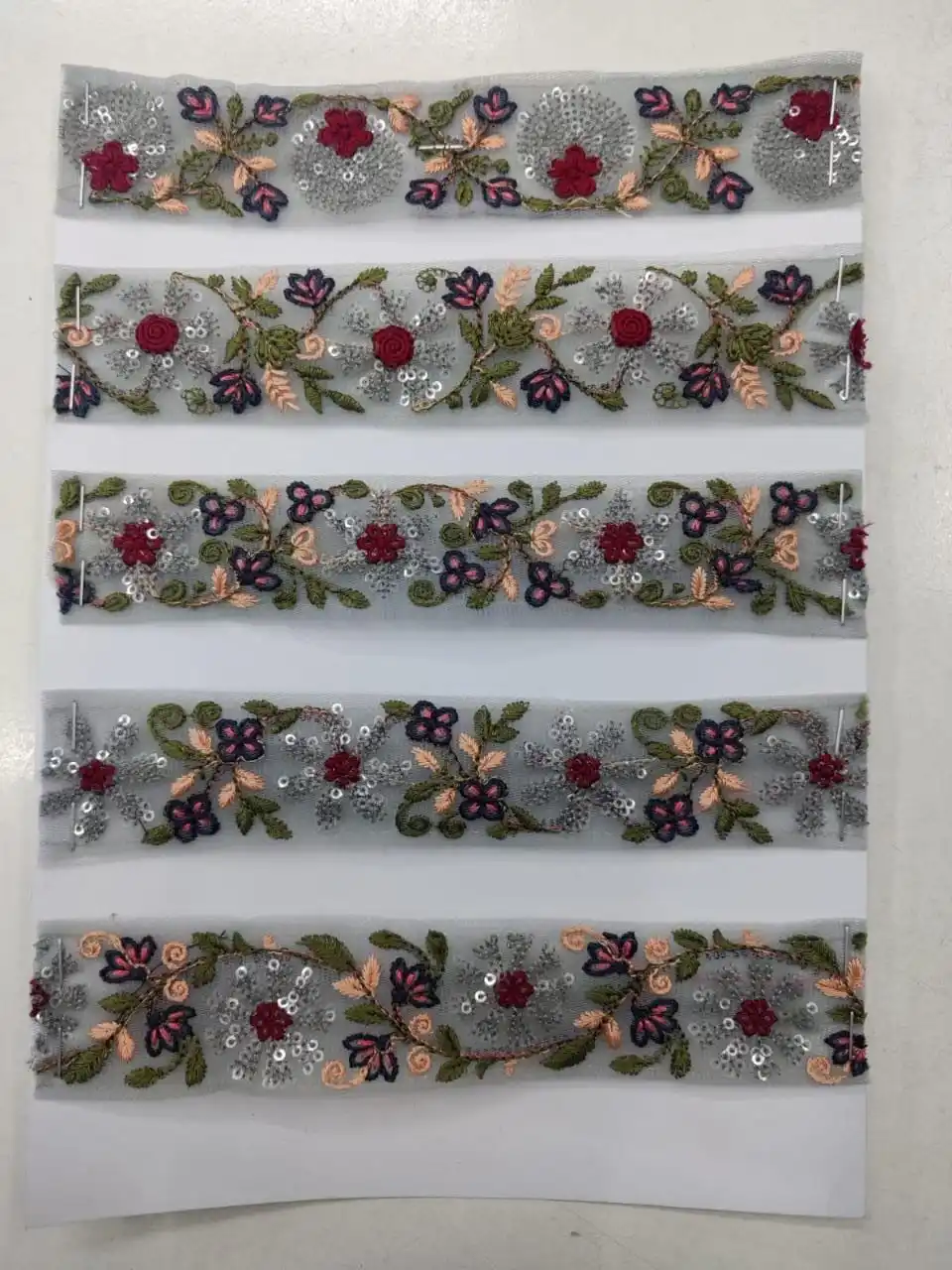 custom made embroidered thread work laces with multi coloured options in sequins embroidery in 1.5 inch width in floral design.