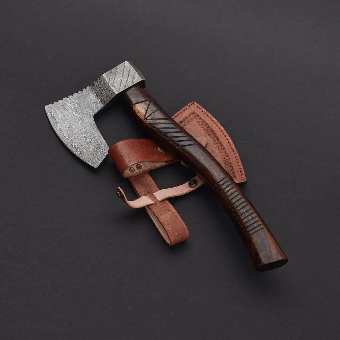 2023 Damascus Steel Custom Hand Made Axe With Leather Sheath Direct Company Supply Viking axe with leather sheath