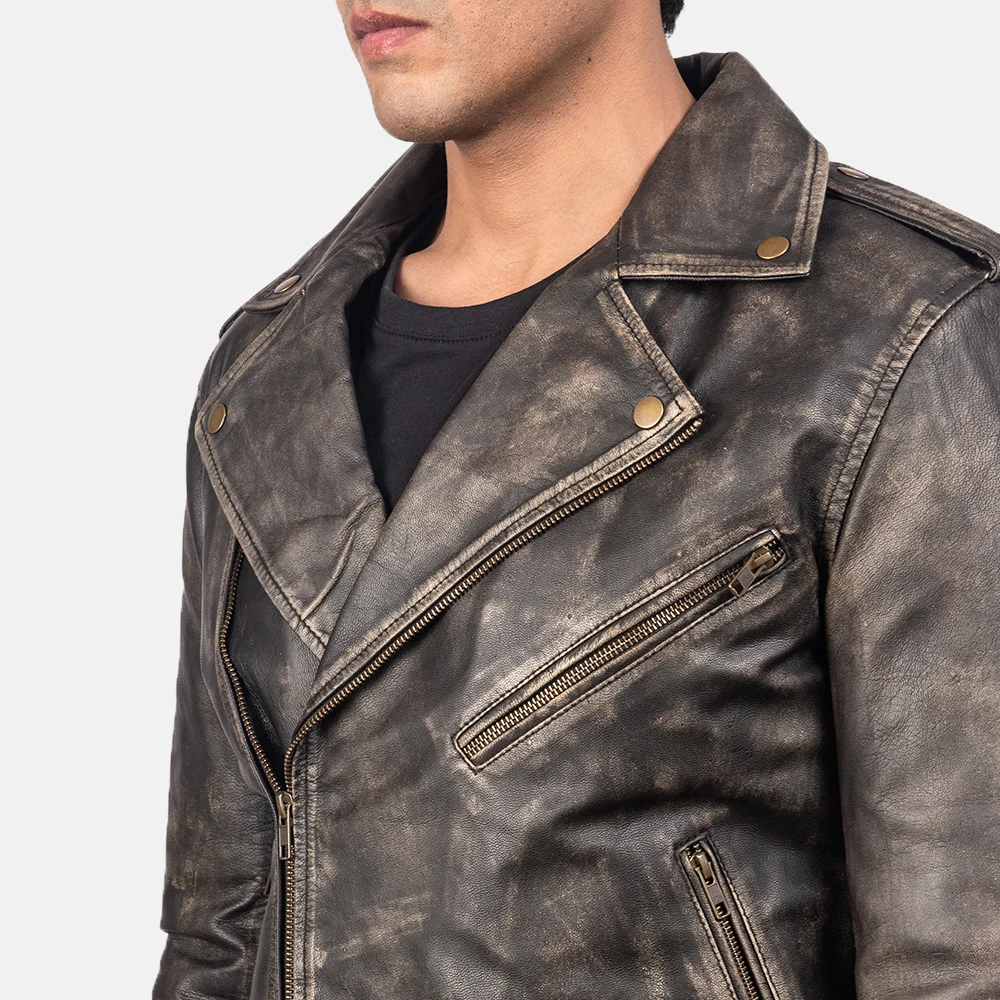 Allaric alley distressed brown leather jacket with closure style of zipper and waist belt 100% guarantee real goat skin leather