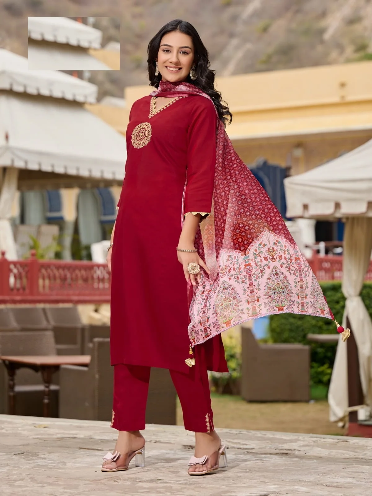 New Cataloger Pure Viscose Roman Silk and Heavy Embroidery with Digital Ta-bi Silk Print Kurtis set