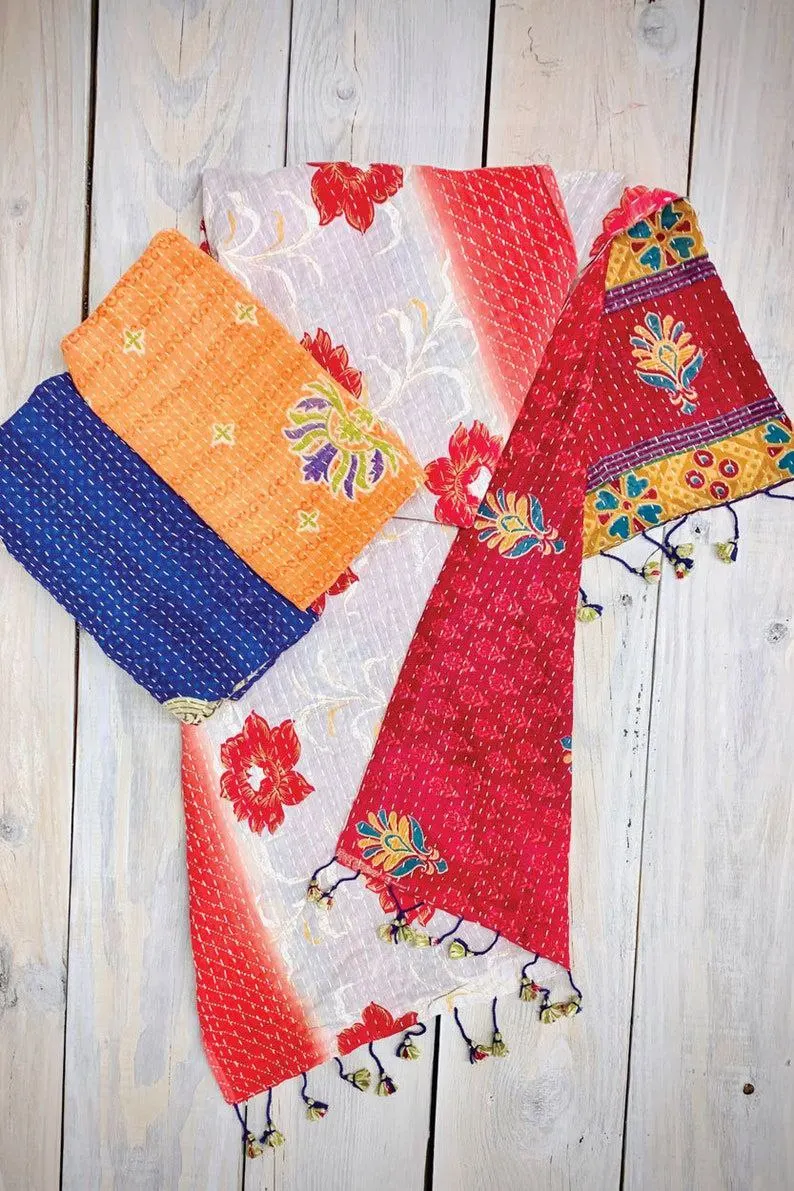 Vintage Kantha Scarf Bohemian Reversible Double Layer Cotton Kantha Scarves Stole Headwraps Shawl