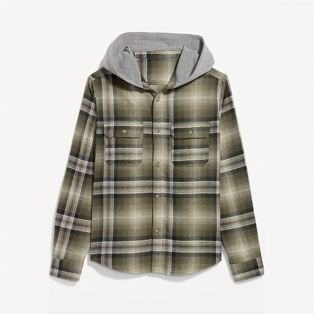 Низкая цена мужская рубашка с капюшоном 100% хлопковая фланелевая Повседневная длинным рукавом в клетку дышащая