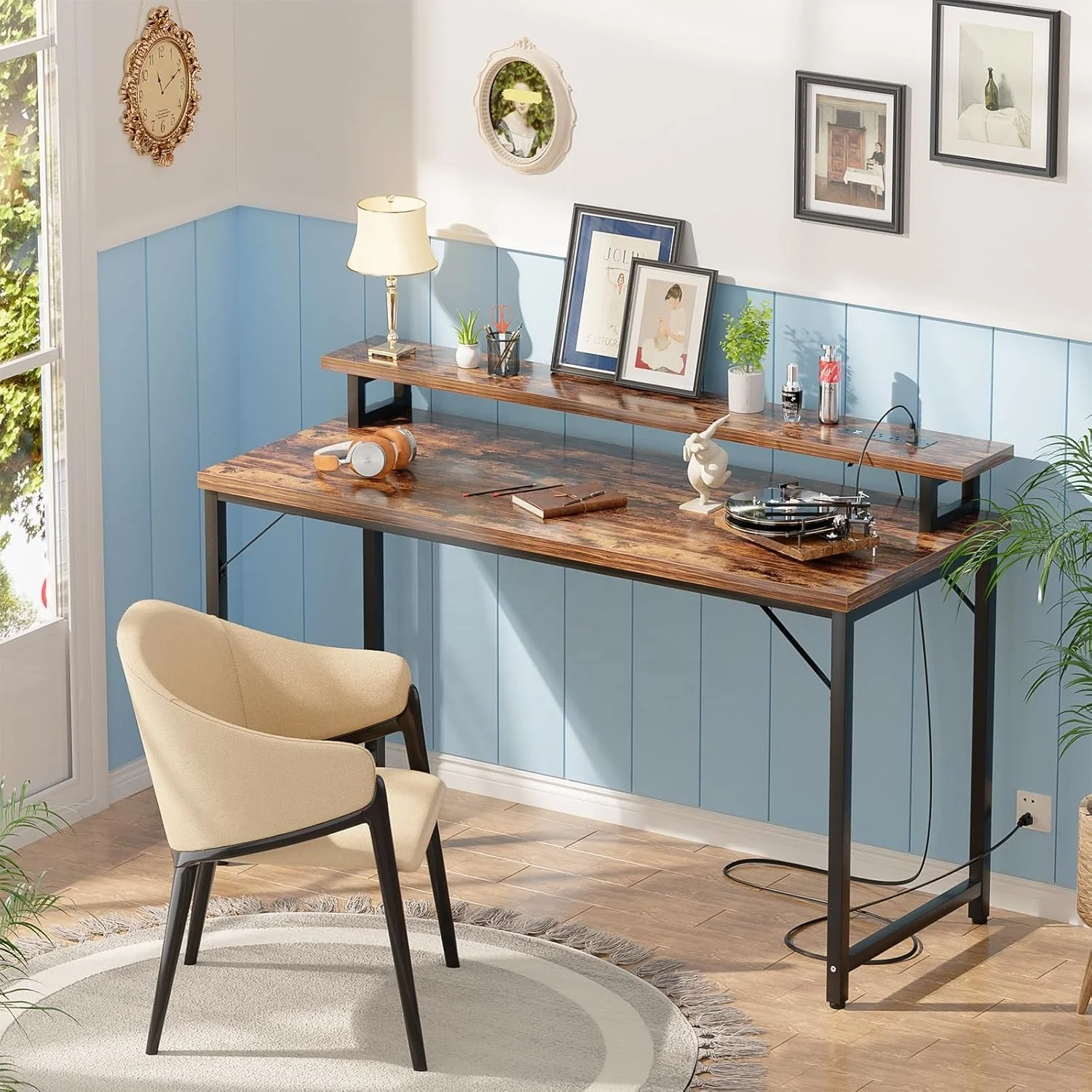 Gaming Desk with LED Lights and Power Outlet Office Desk with Adjustable Monitor Shelf Computer Table Work Desk for Home Bedroom