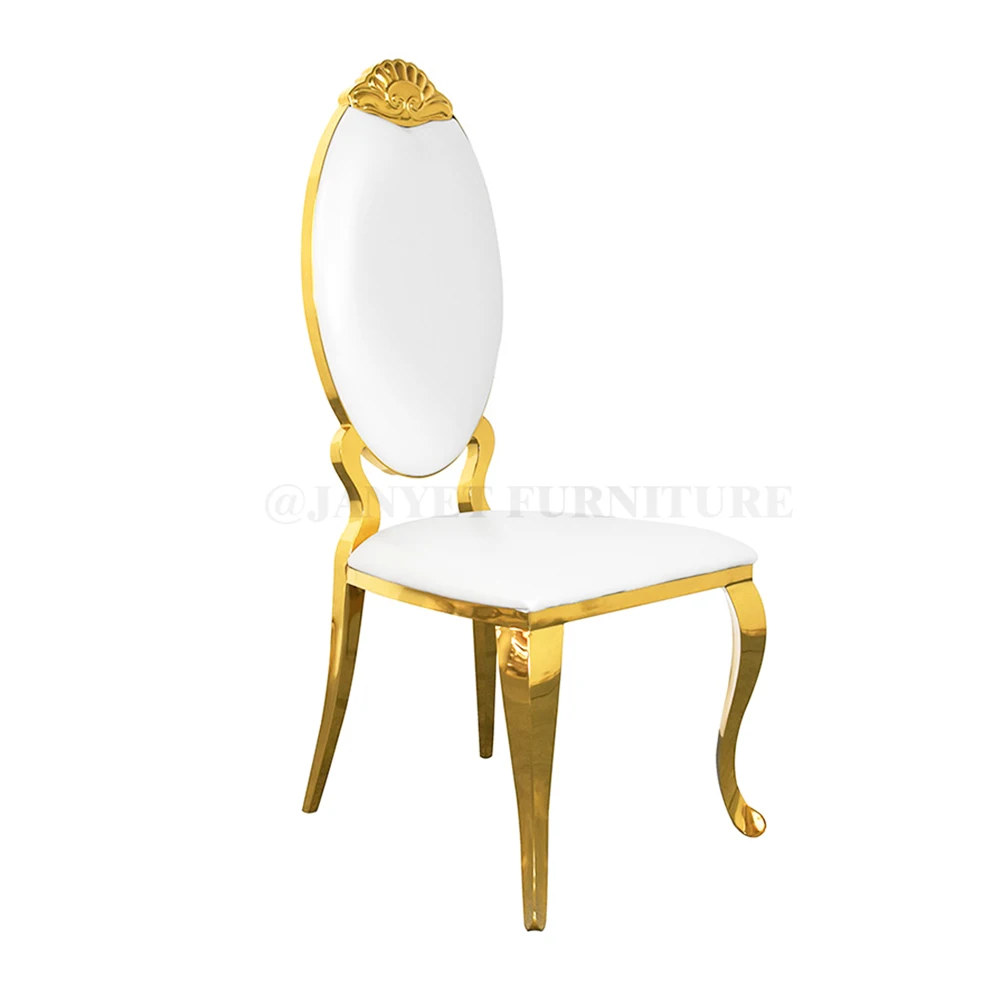 Оптовая продажа, роскошные золотые овальные металлические банкетные стулья для столовой, Штабелируемые Свадебные