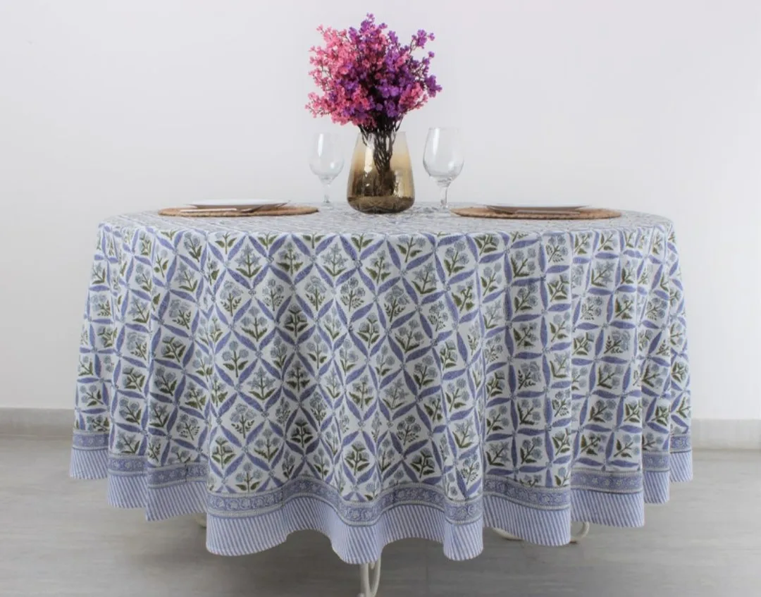 Light Steel Blue, Olive Green Indian Hand Block Printed 100% Cotton Tablecloth Cover, Custom size Round Table cover, Hotel, Home