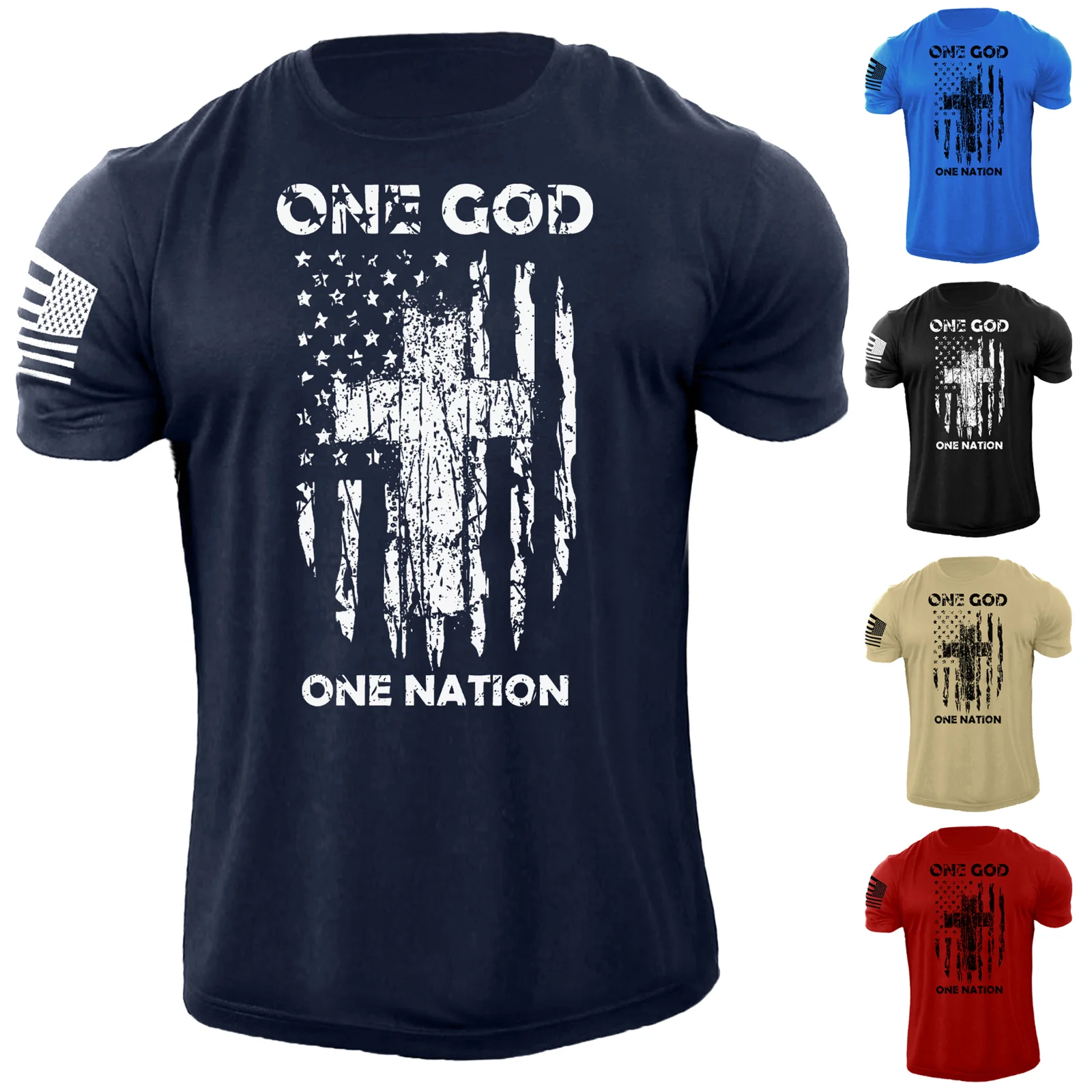 Mens One GOD One Nation Cross USA Flag T Shirt American Patriotic 100% Cotton